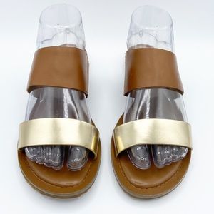 Michael Kors Brown and Metallic Gold Leather Slides - Size 8